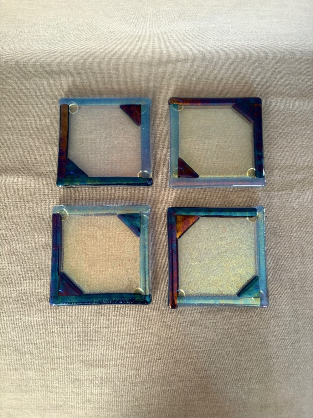 Fused Art Glass Coasters Set of 4 Barware Iridescent Blue Geometric